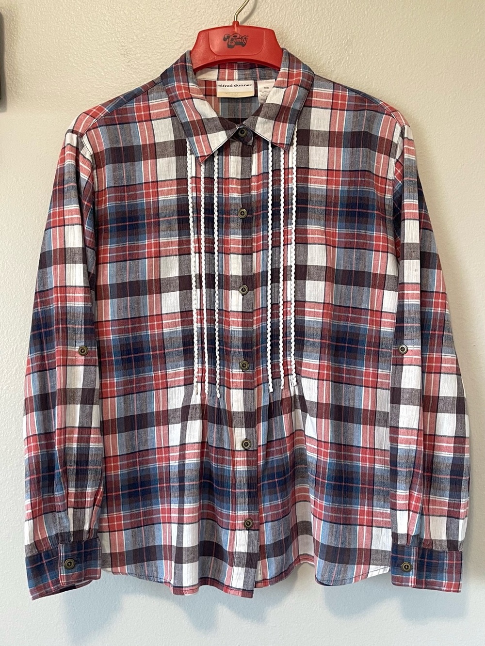 Alfred Dunner Plaid Linen Blend Top - Roll Tab Sleeve & Pintuck Trim - 16W